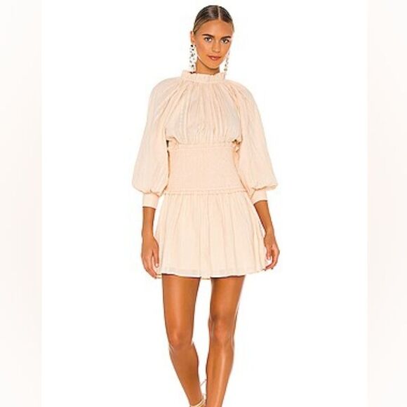 Cleobella Hayden Mini Dress Smocked Balloon Sleeve Sun Kissed Cream Dress Size M - Picture 1 of 10